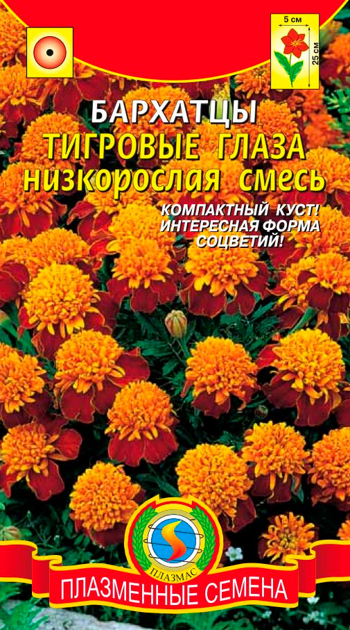 Семена Плазмас Бархатцы низкорослые Тигровые глаза, Смесь, 45 шт.